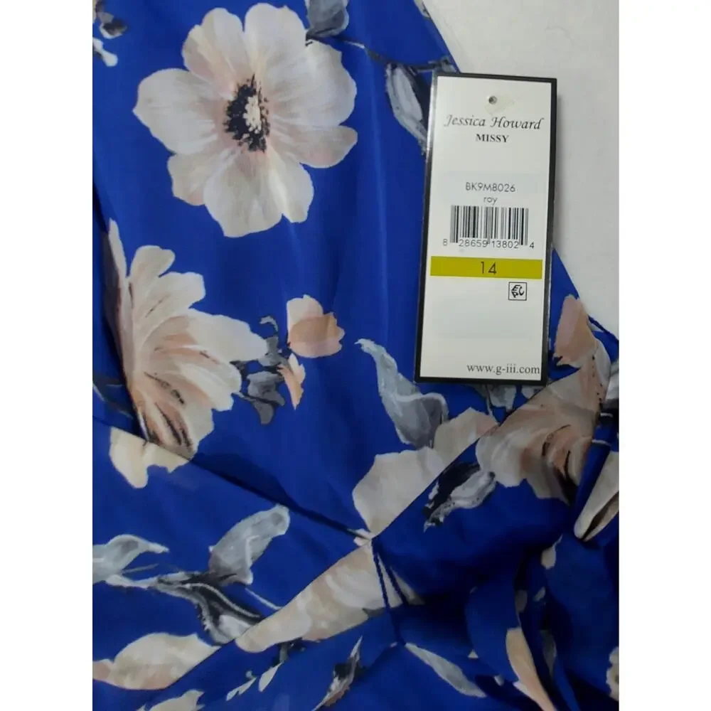 Jessica Howard Missy 14 Blue Floral Chiffon Faux-Wrap Midi Dress Ruffle Tie NWT